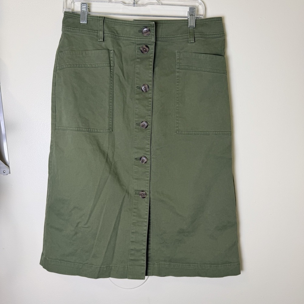 J Crew Skirt Womens 12 Green Button Front Utility Cargo Pockets Casual Cotton